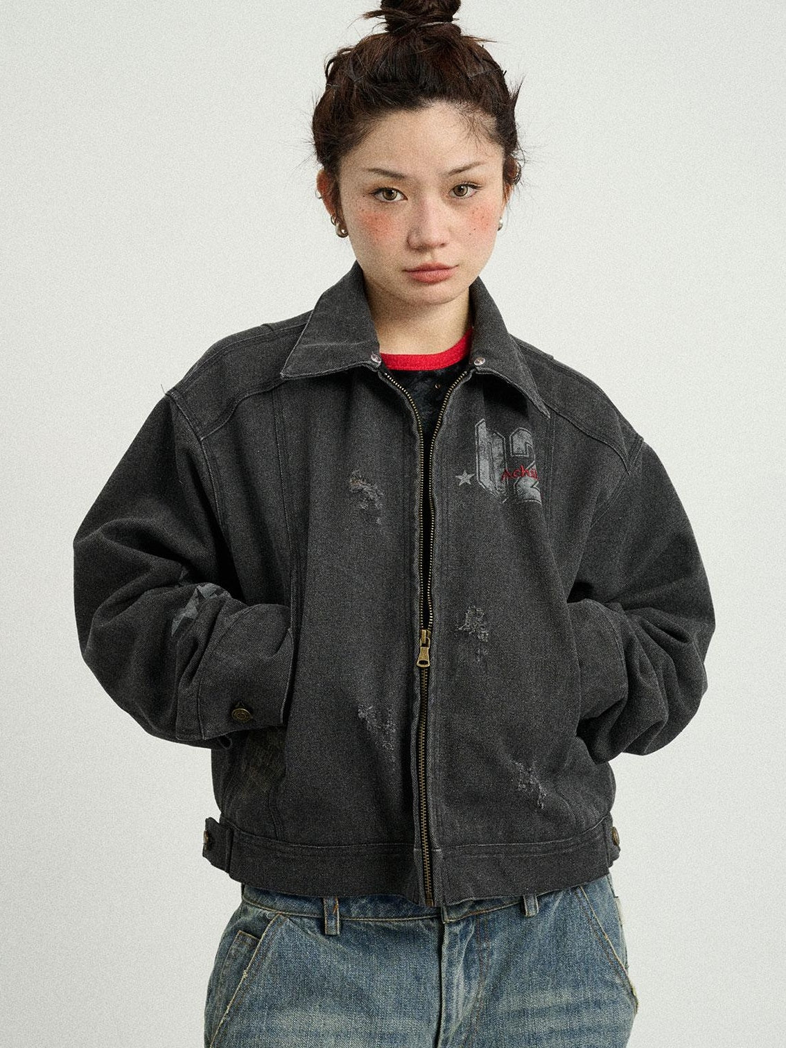 Achihara 2025 Spring Short Faux Fur Collar Jacket Women