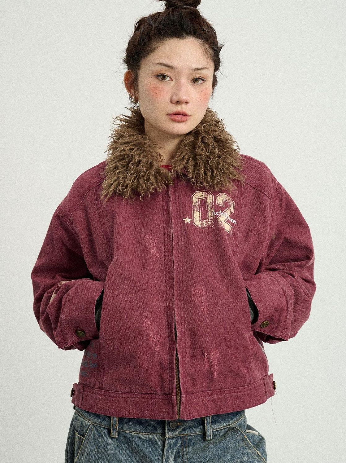 Achihara 2025 Spring Short Faux Fur Collar Jacket Women