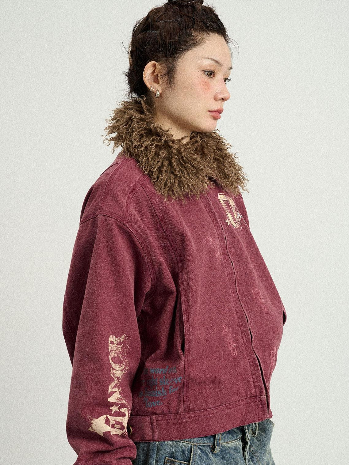 Achihara 2025 Spring Short Faux Fur Collar Jacket Women