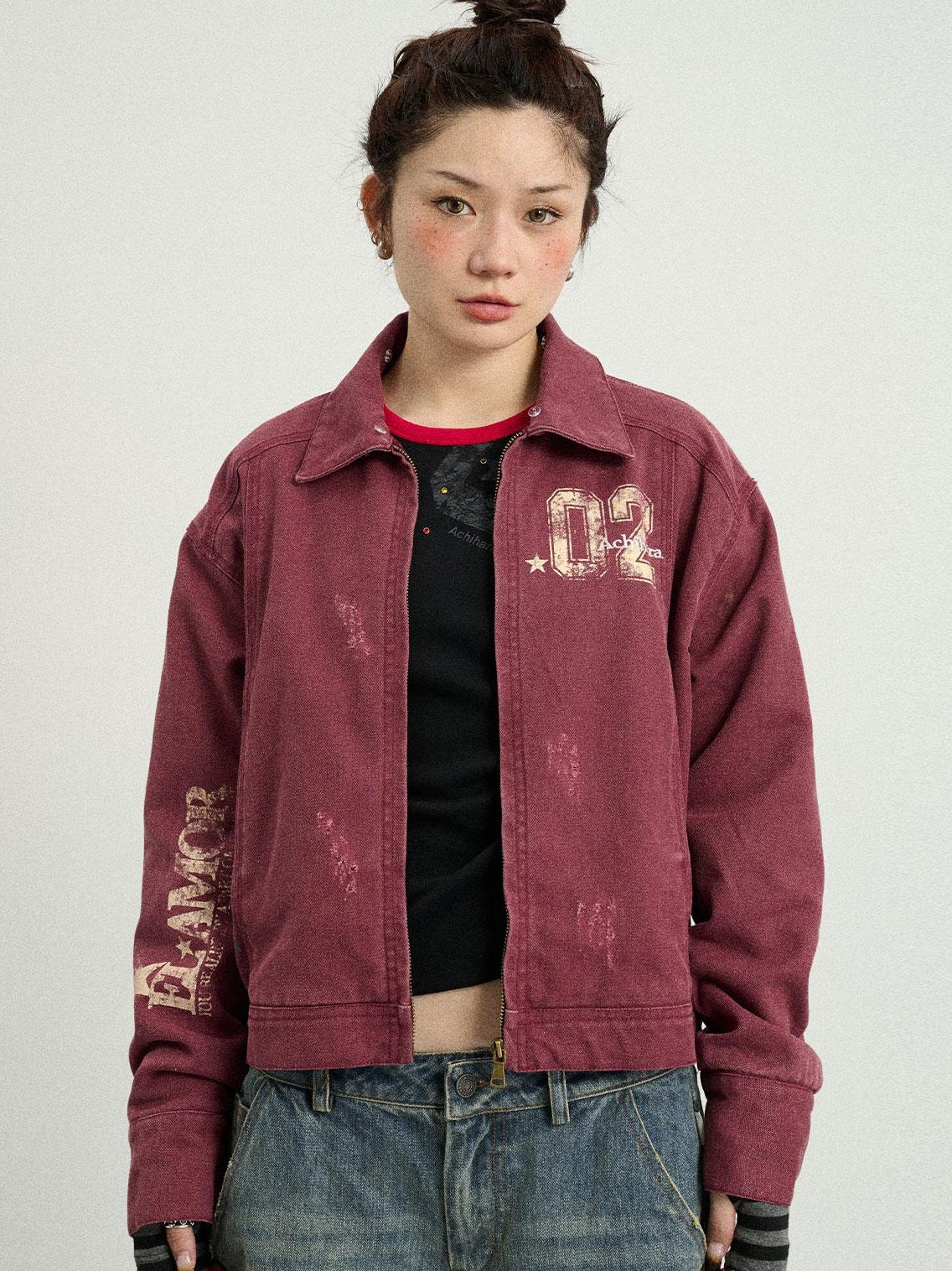 Achihara 2025 Spring Short Faux Fur Collar Jacket Women
