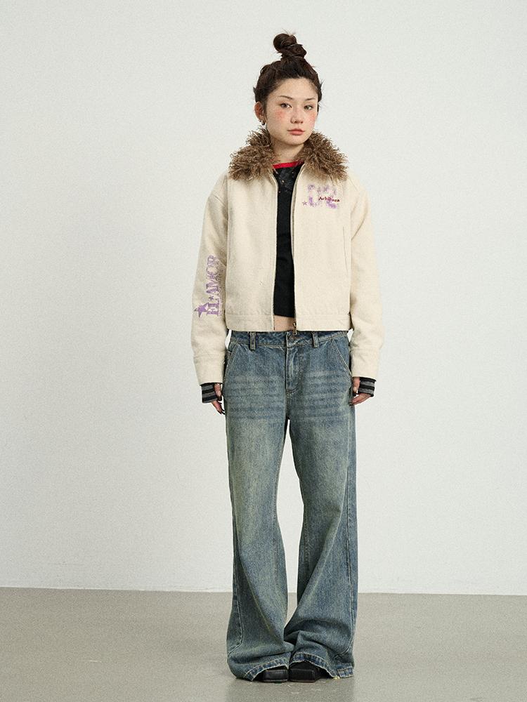 Achihara 2025 Spring Short Faux Fur Collar Jacket Women