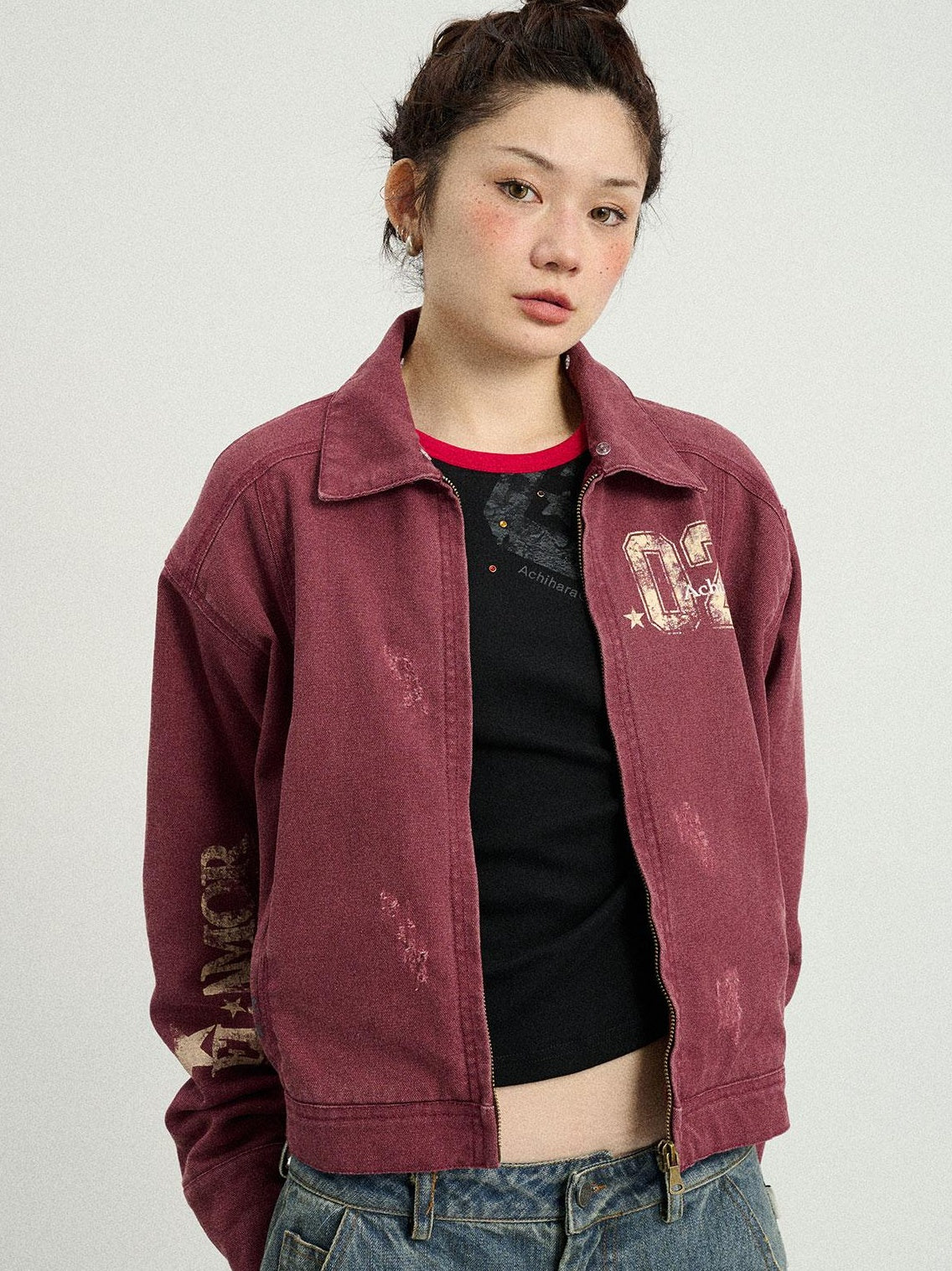 Achihara 2025 Spring Short Faux Fur Collar Jacket Women
