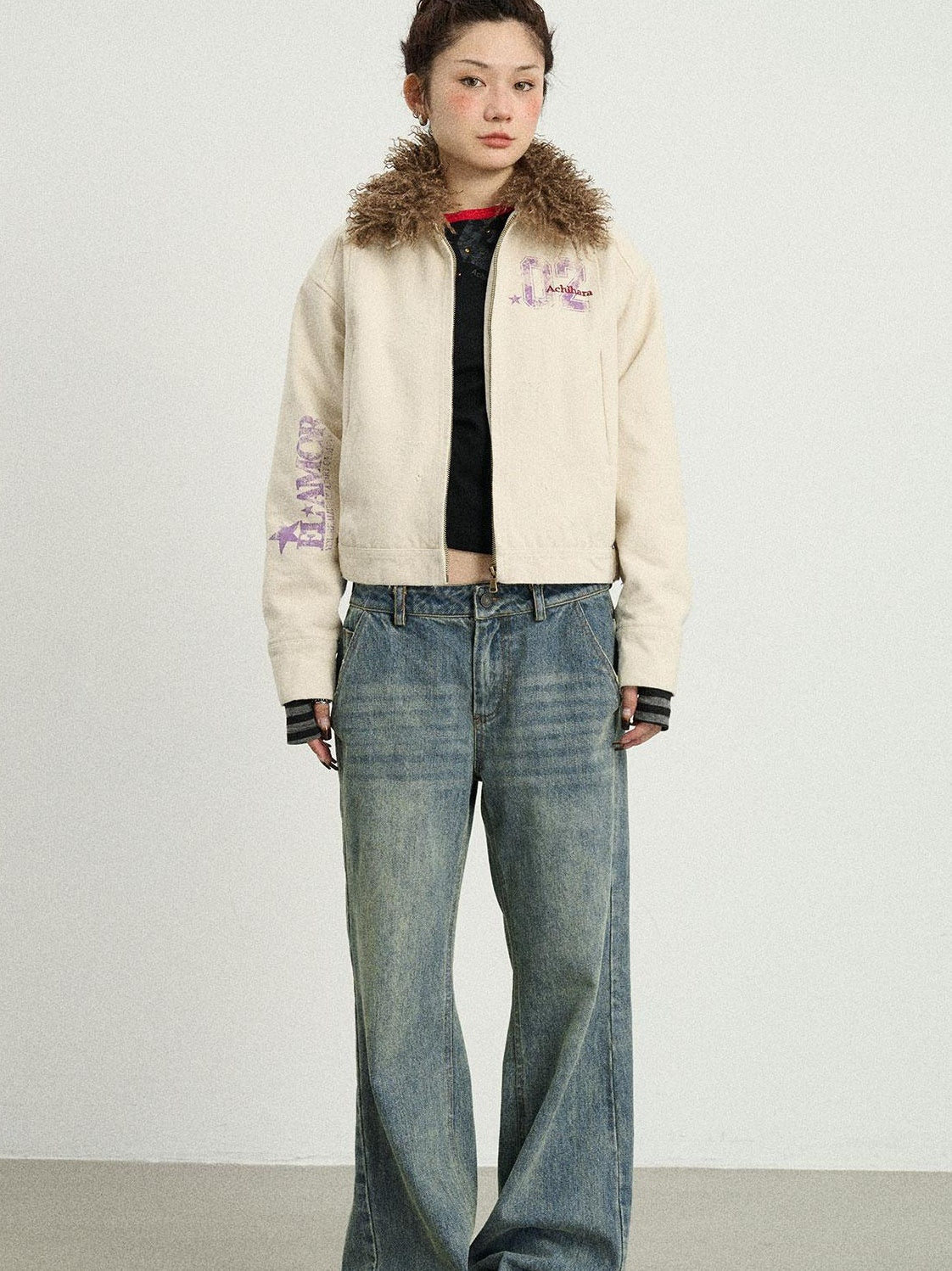 Achihara 2025 Spring Short Faux Fur Collar Jacket Women