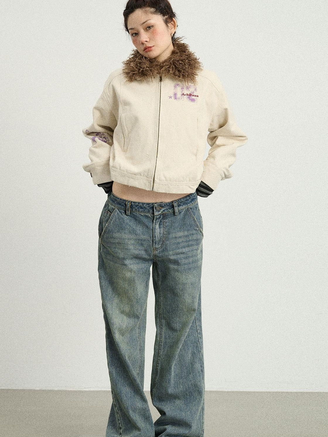 Achihara 2025 Spring Short Faux Fur Collar Jacket Women