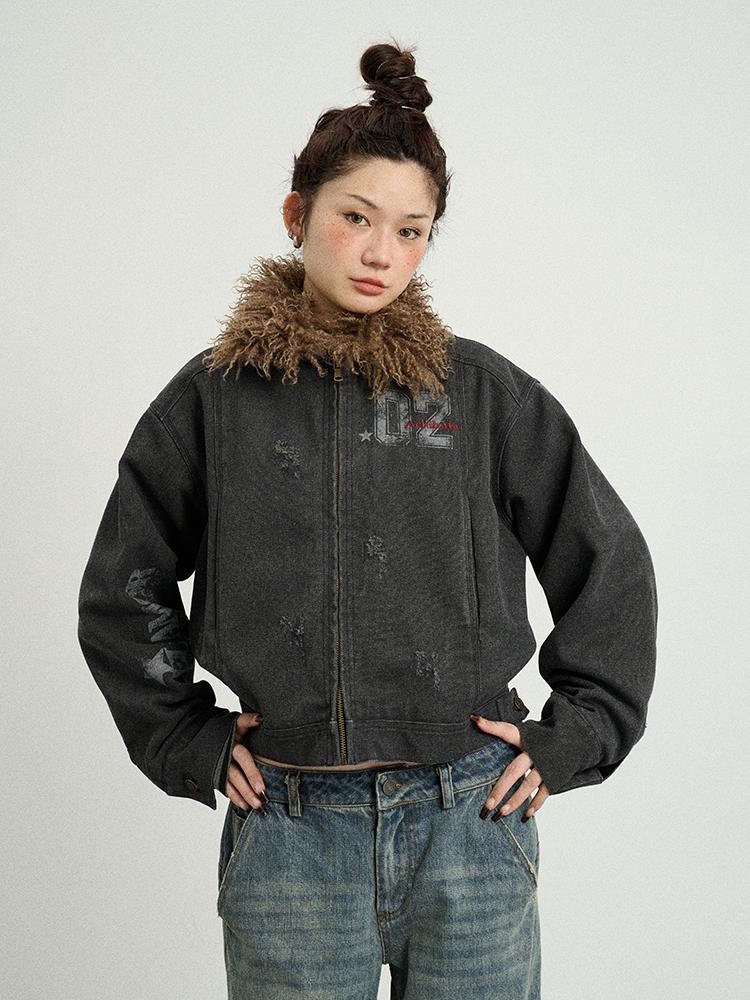 Achihara 2025 Spring Short Faux Fur Collar Jacket Women