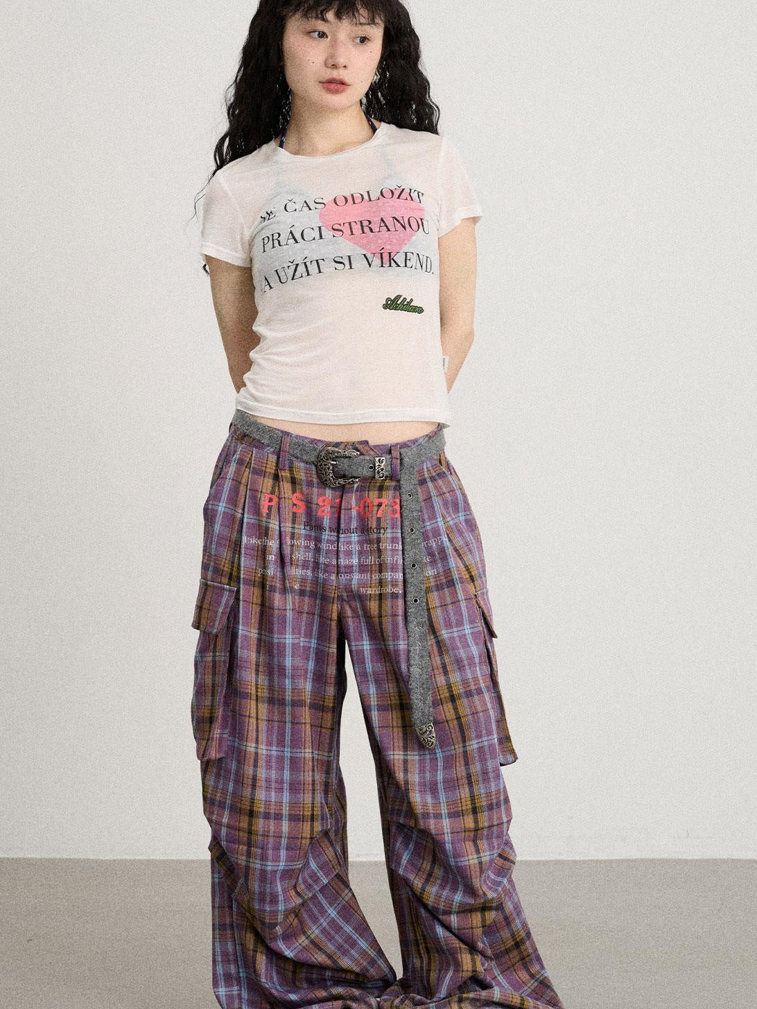 Achihara 2025 Spring Summer Plaid Wide Leg Cargo Pants