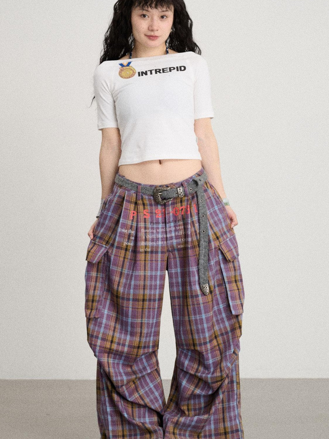 Achihara 2025 Spring Summer Plaid Wide Leg Cargo Pants
