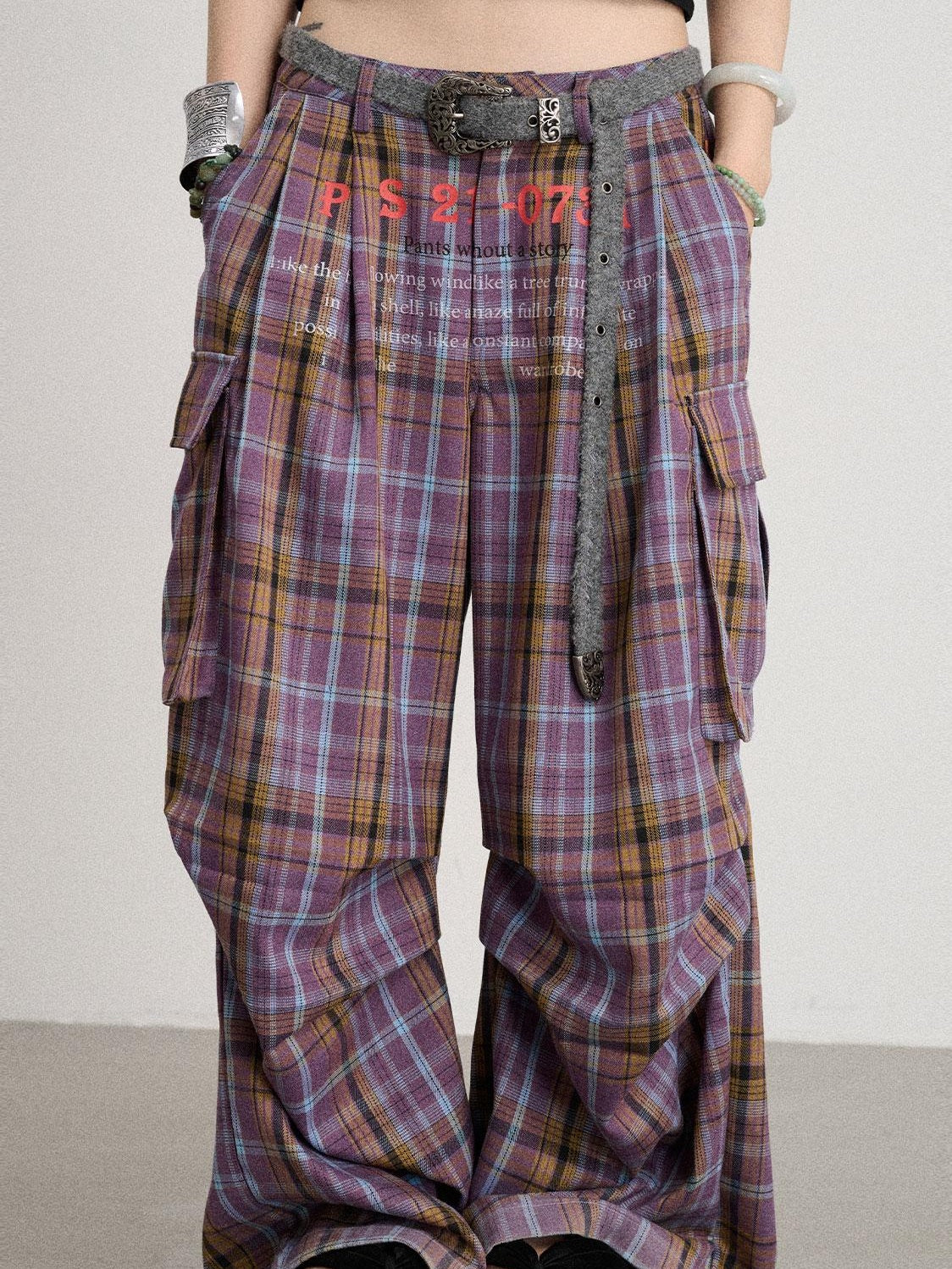 Achihara 2025 Spring Summer Plaid Wide Leg Cargo Pants