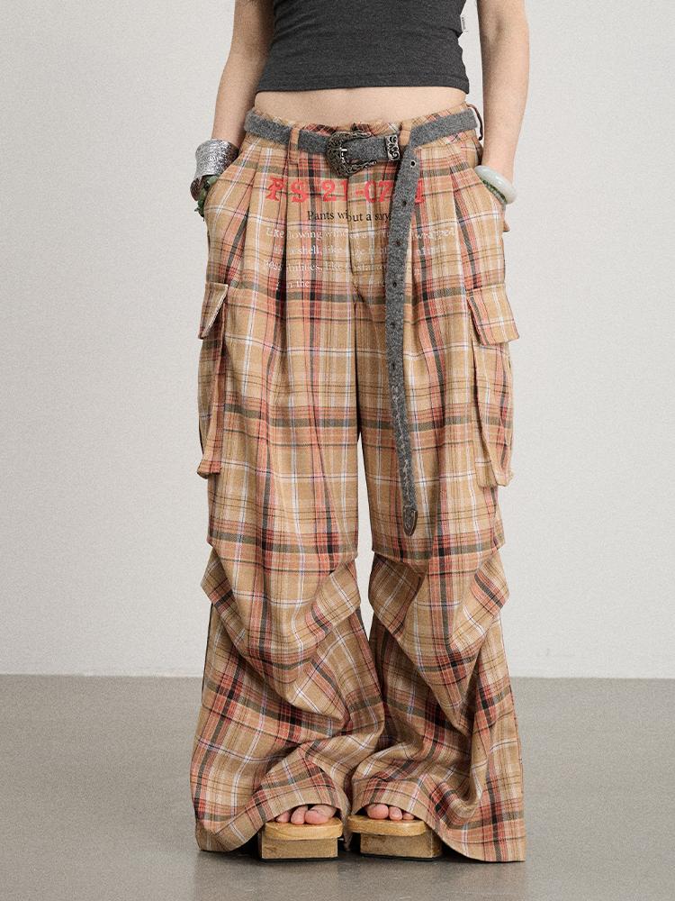 Achihara 2025 Spring Summer Plaid Wide Leg Cargo Pants