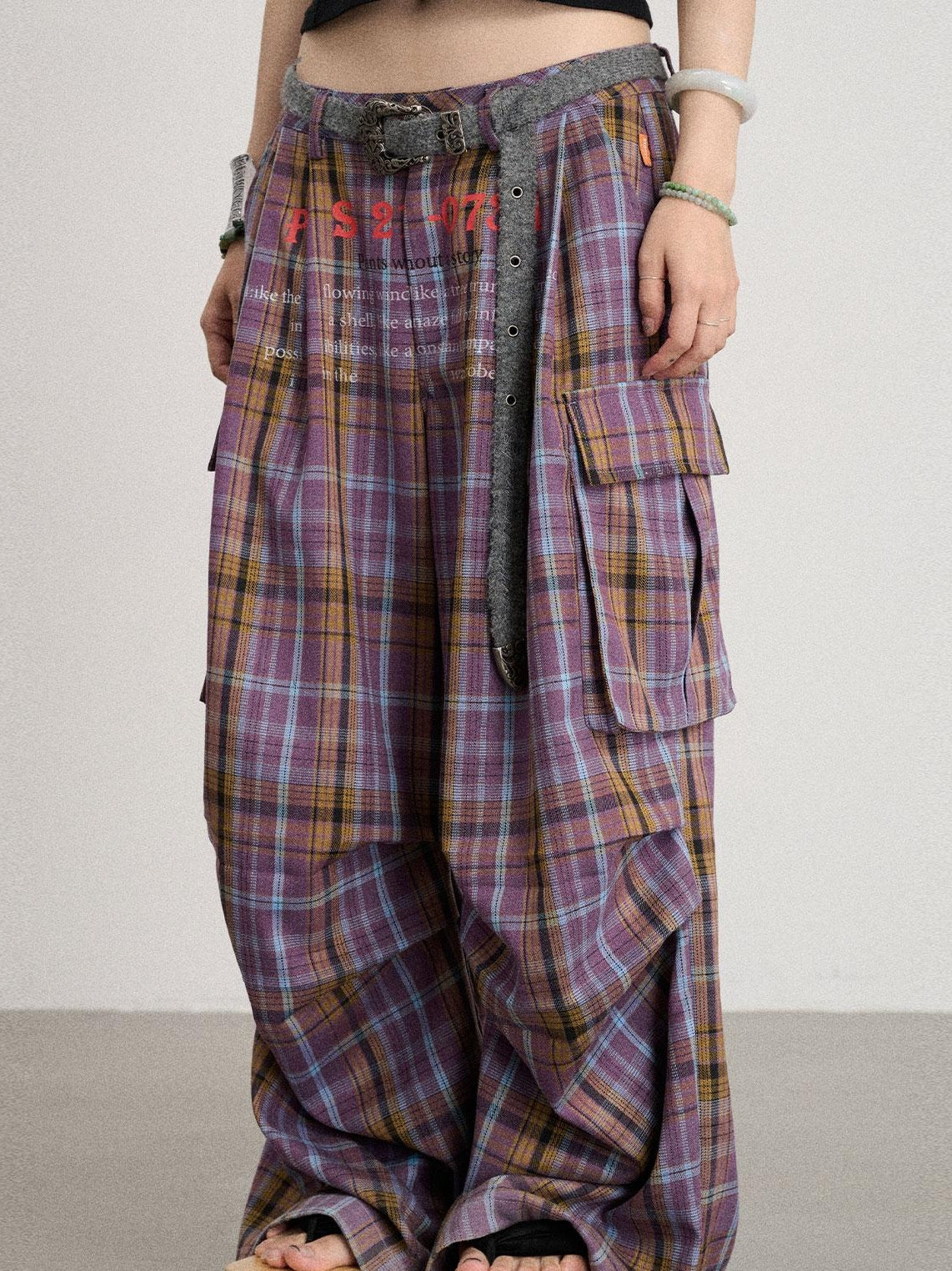 Achihara 2025 Spring Summer Plaid Wide Leg Cargo Pants