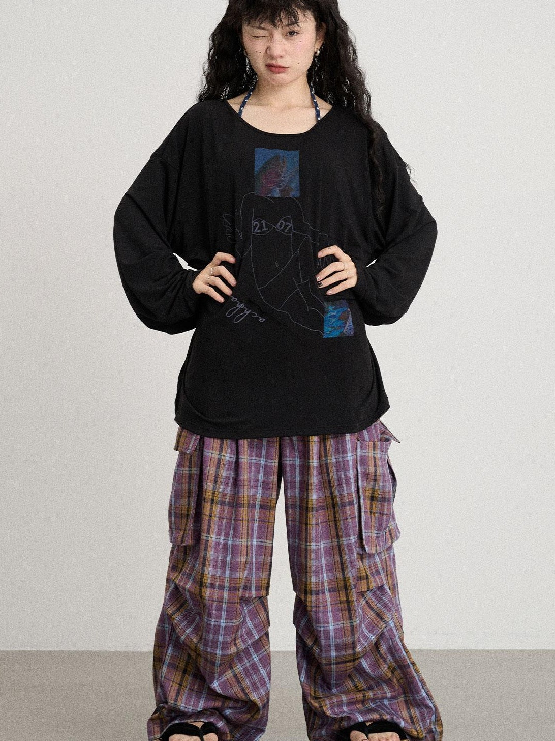 Achihara 2025 Spring Summer Plaid Wide Leg Cargo Pants