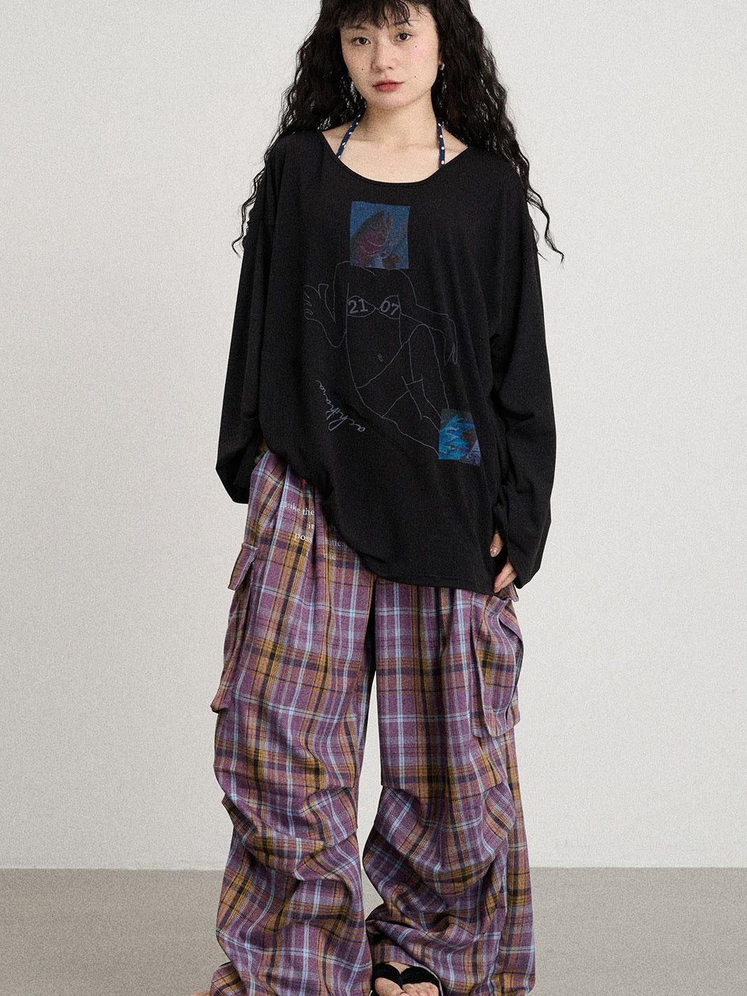 Achihara 2025 Spring Summer Plaid Wide Leg Cargo Pants