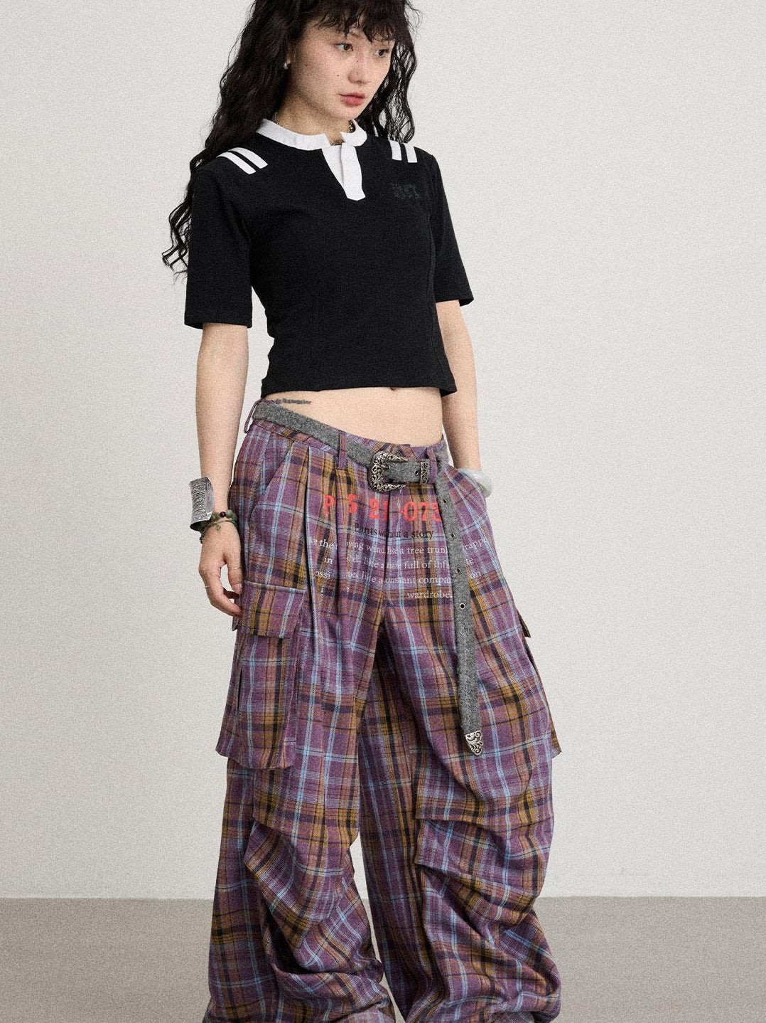 Achihara 2025 Spring Summer Plaid Wide Leg Cargo Pants