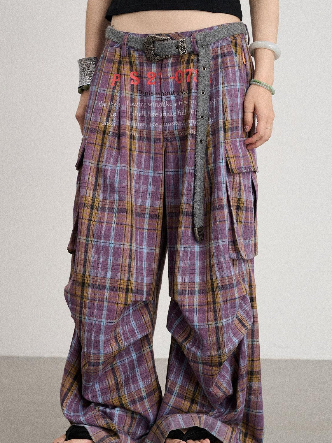 Achihara 2025 Spring Summer Plaid Wide Leg Cargo Pants
