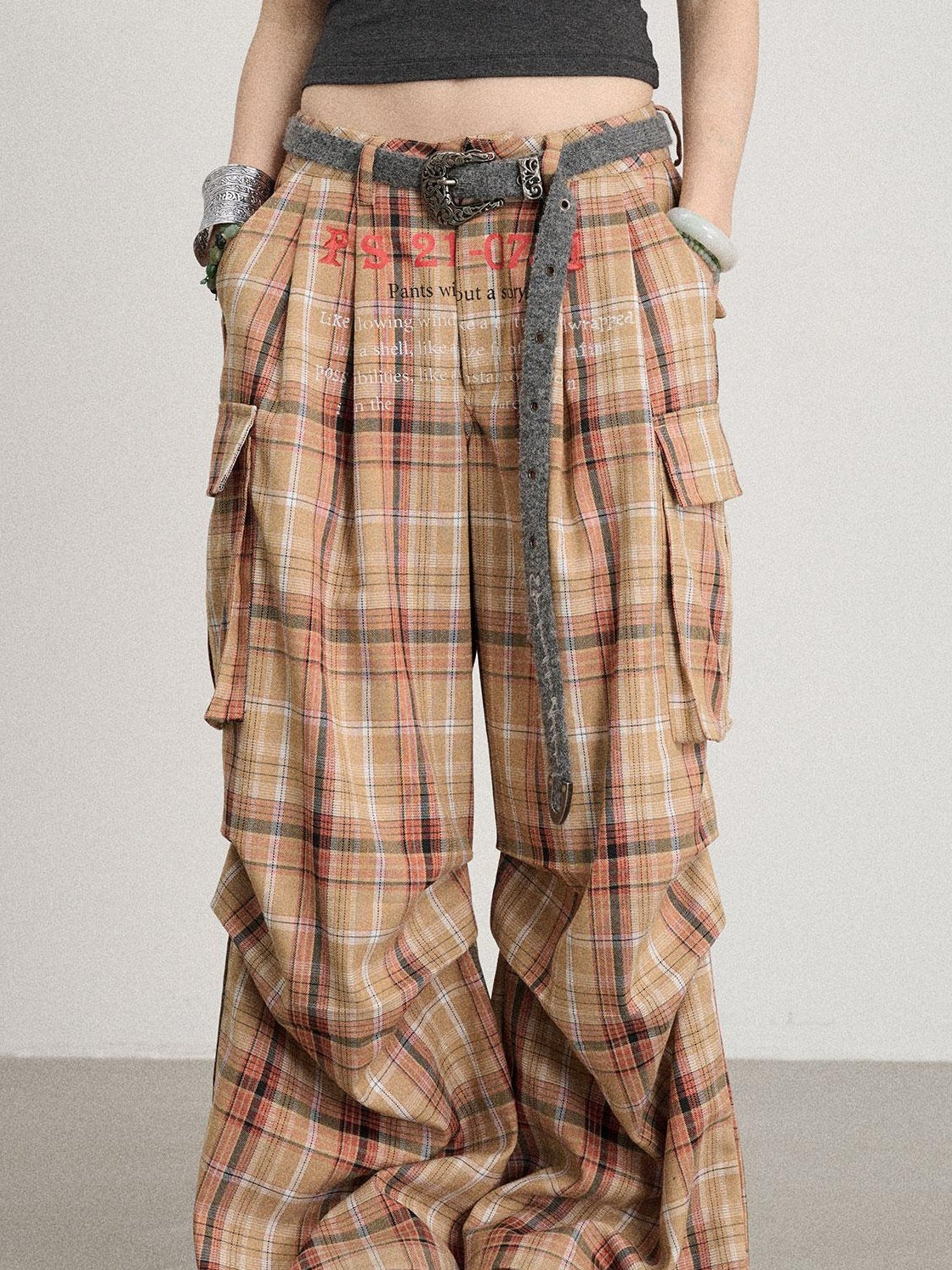 Achihara 2025 Spring Summer Plaid Wide Leg Cargo Pants