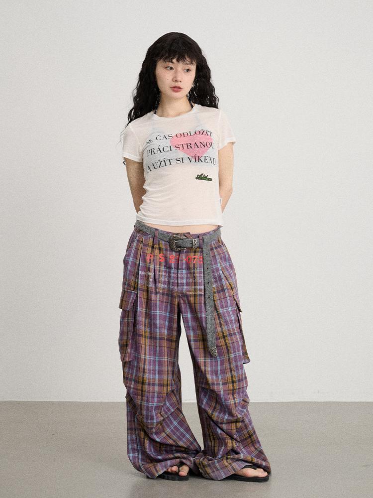 Achihara 2025 Spring Summer Plaid Wide Leg Cargo Pants