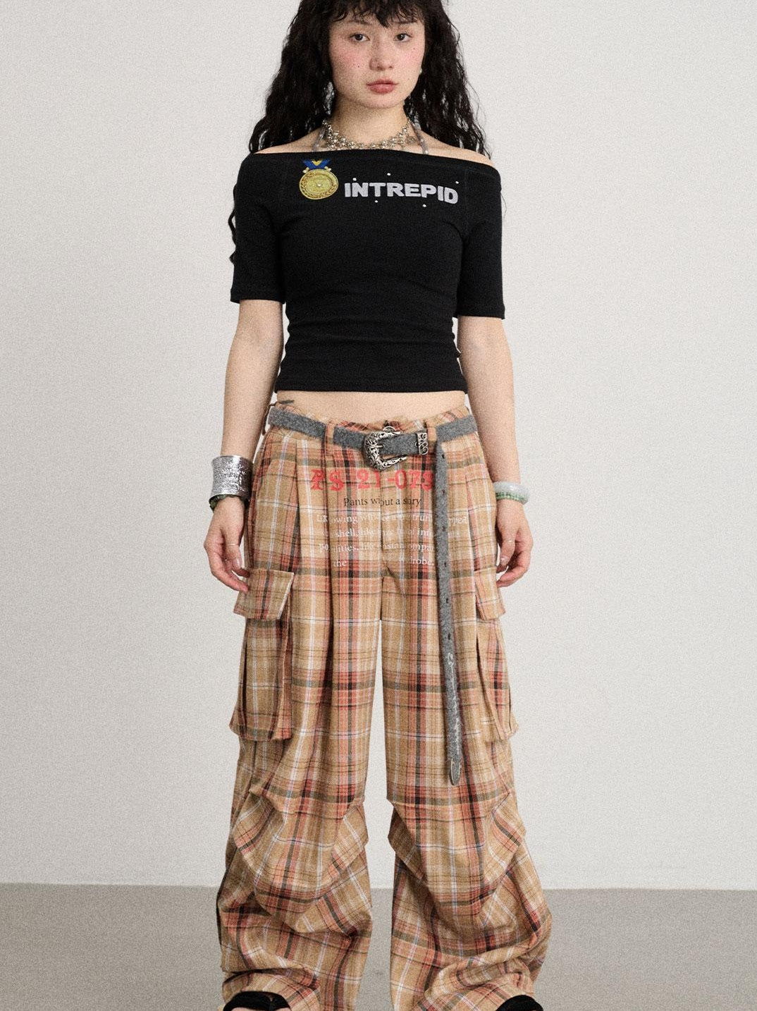 Achihara 2025 Spring Summer Plaid Wide Leg Cargo Pants