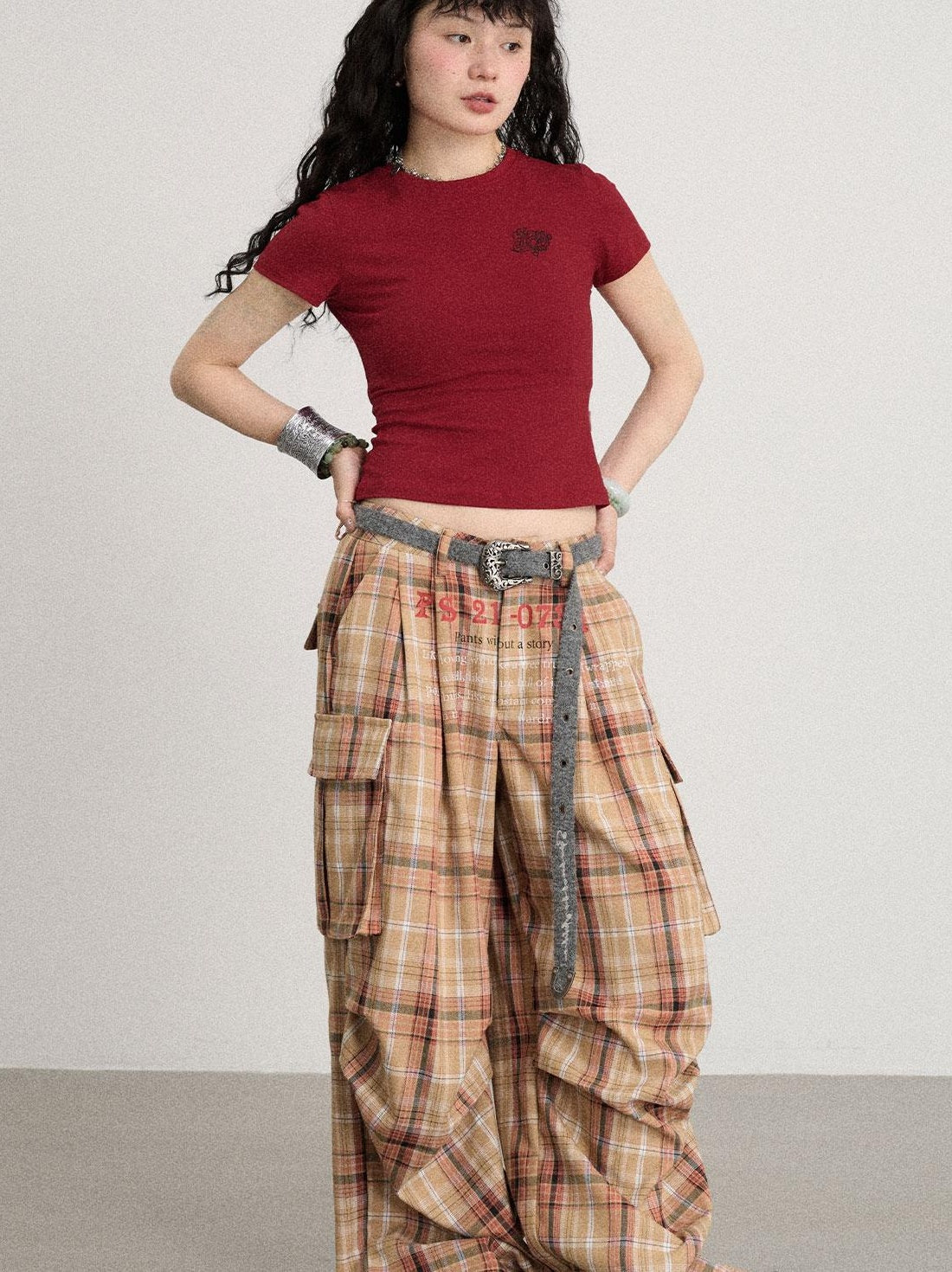Achihara 2025 Spring Summer Plaid Wide Leg Cargo Pants
