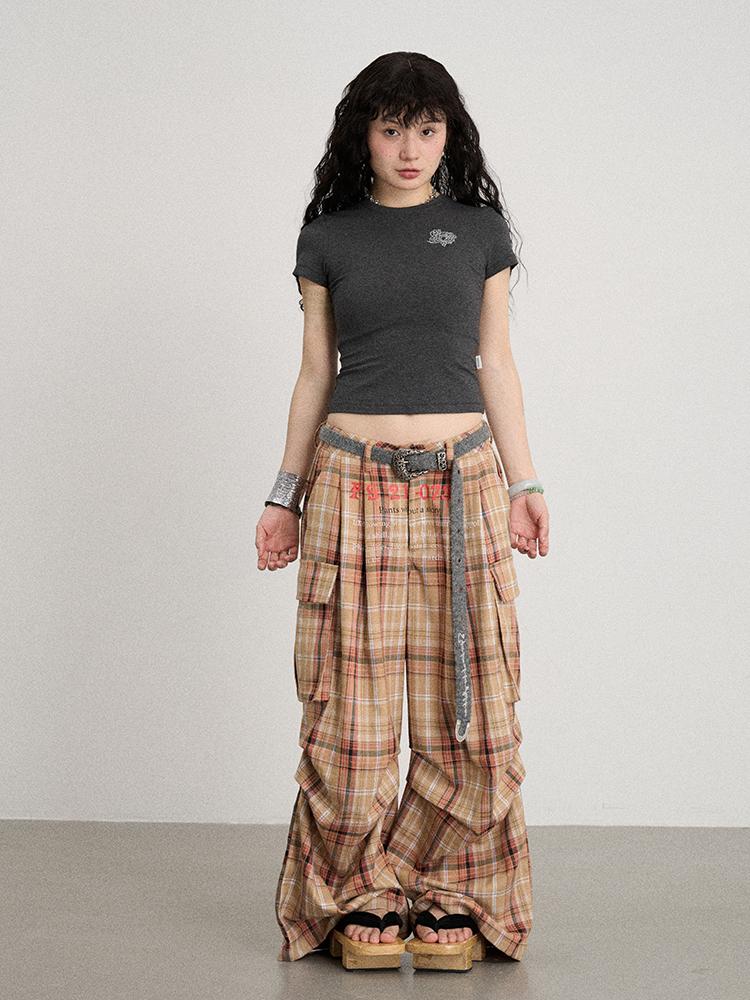 Achihara 2025 Spring Summer Plaid Wide Leg Cargo Pants