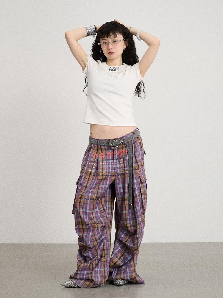 Achihara 2025 Summer Color Block Ribbed Letter T-Shirt For Women