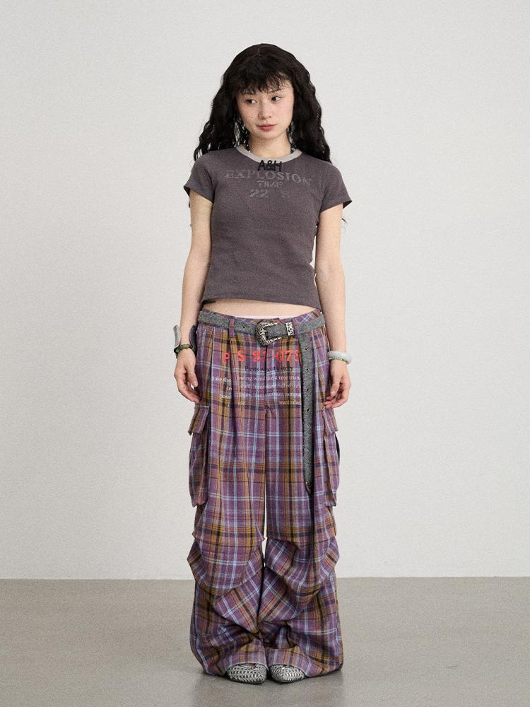 Achihara 2025 Summer Color Block Ribbed Letter T-Shirt For Women