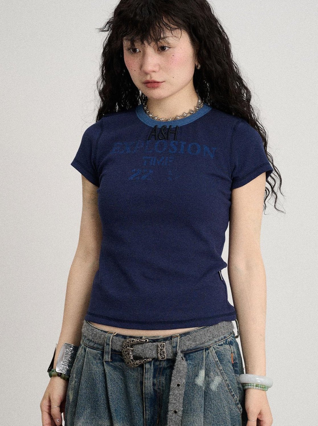 Achihara 2025 Summer Color Block Ribbed Letter T-Shirt For Women