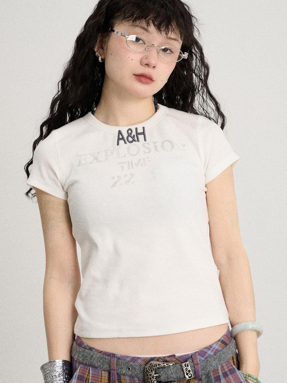 Achihara 2025 Summer Color Block Ribbed Letter T-Shirt For Women