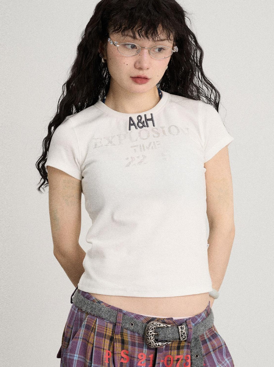 Achihara 2025 Summer Color Block Ribbed Letter T-Shirt For Women