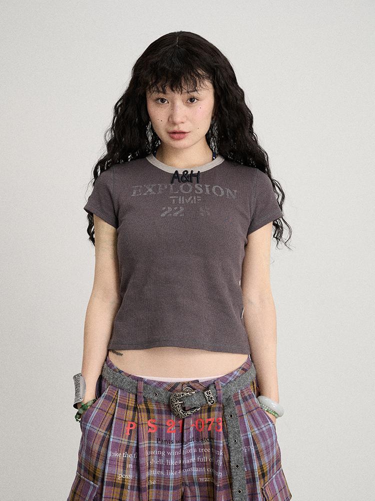 Achihara 2025 Summer Color Block Ribbed Letter T-Shirt For Women