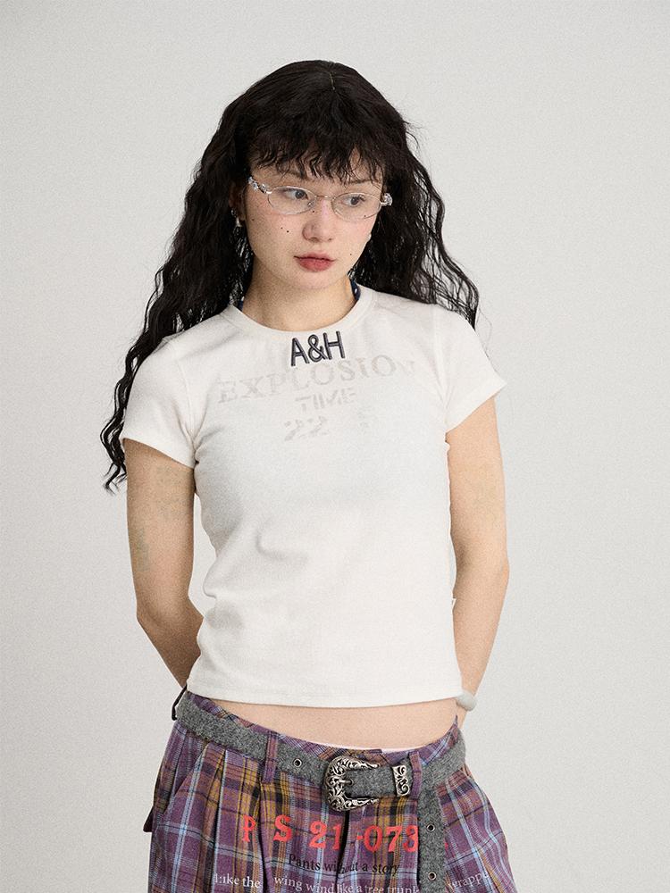 Achihara 2025 Summer Color Block Ribbed Letter T-Shirt For Women