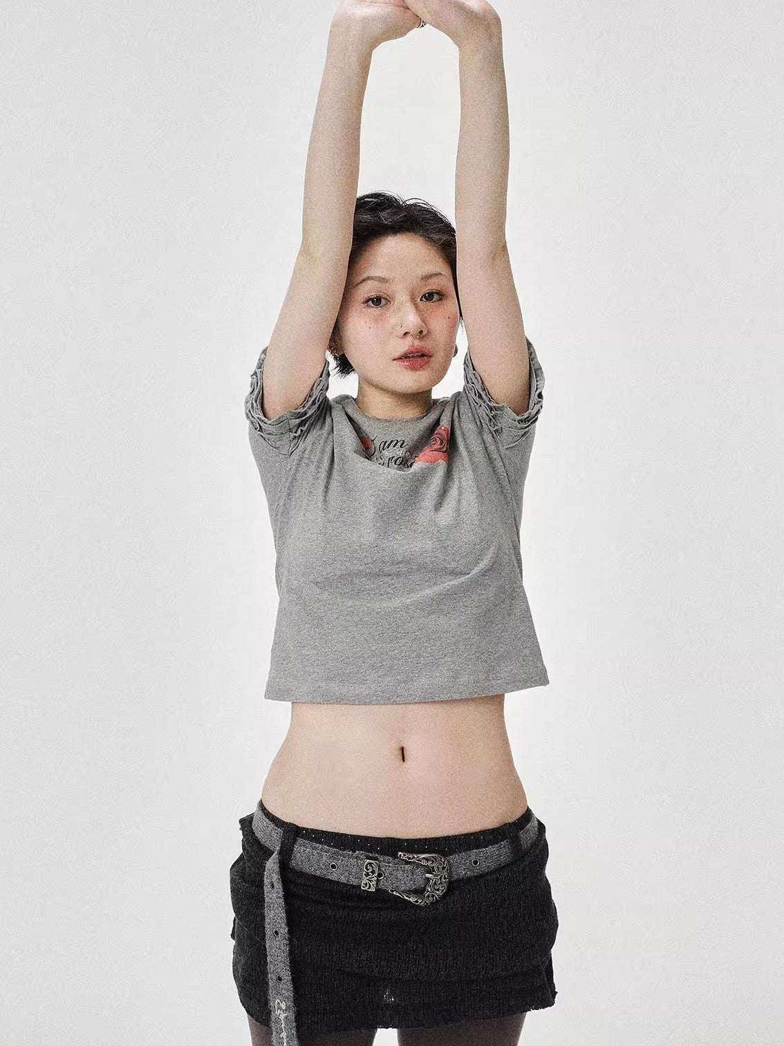 Achihara 2025 Summer Spring Short Sleeve Crop Top T-Shirt