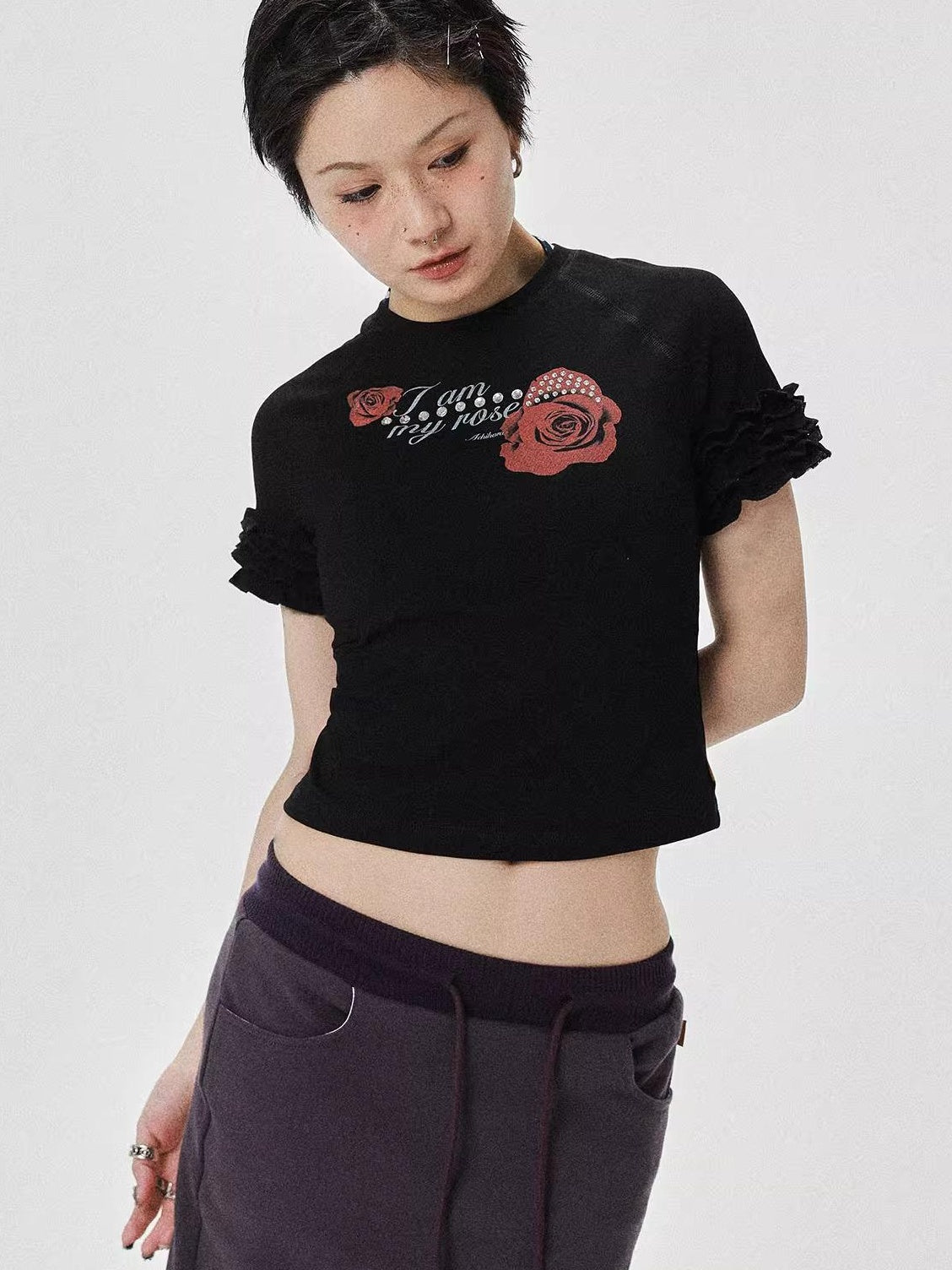 Achihara 2025 Summer Spring Short Sleeve Crop Top T-Shirt