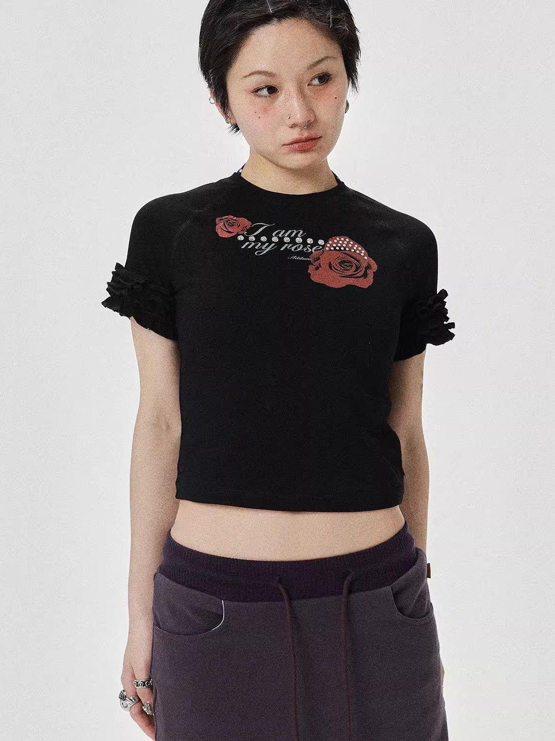 Achihara 2025 Summer Spring Short Sleeve Crop Top T-Shirt