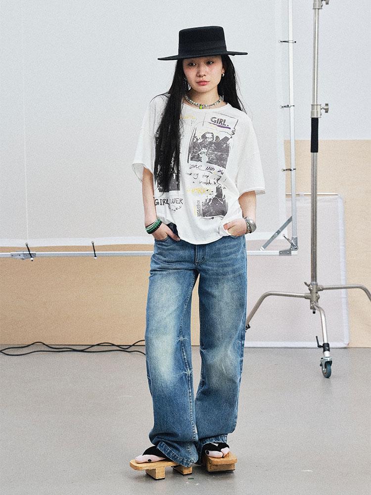 Achihara 2025 White Black Summer Rolled Sleeve T-Shirt
