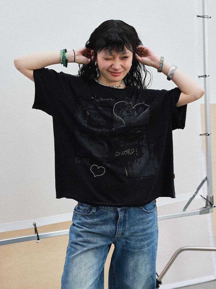 Achihara 2025 White Black Summer Rolled Sleeve T-Shirt