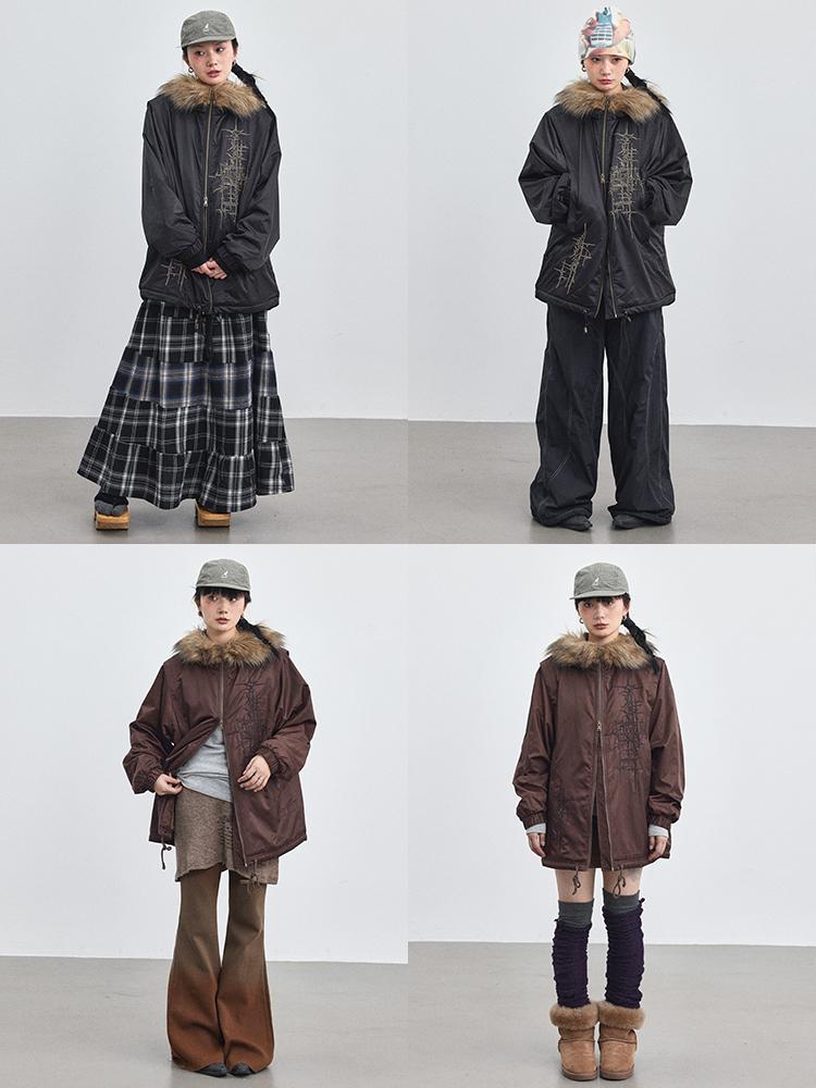 Achihara 2025 Winter Jacket With Fur Collar Windbreaker Coat