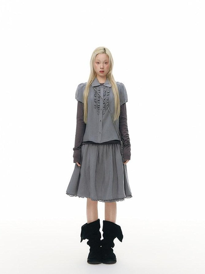 NAPSNAPS Gray Blue Lace Puff Sleeves Cardigan Women&