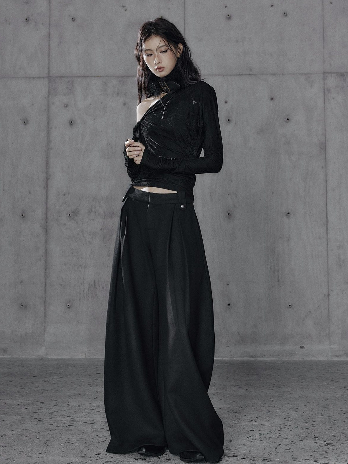 Low pixel Black Wool Blend Low Rise Zipper Casual Straight Hem Women Wide Leg Pants