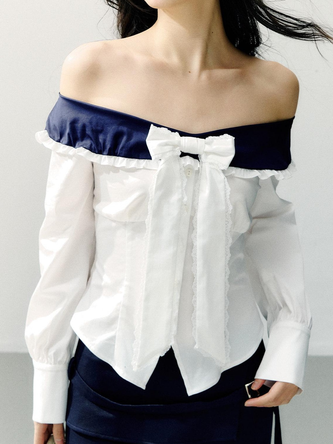 7Shiftin Slimming Off Shoulder Slim Fit Long Sleeve Cotton Bow White Blouses