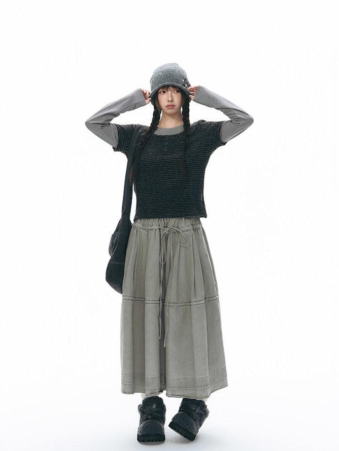 NAPSNAPS Washed Denim Tie Elastic Waist Flared Women&