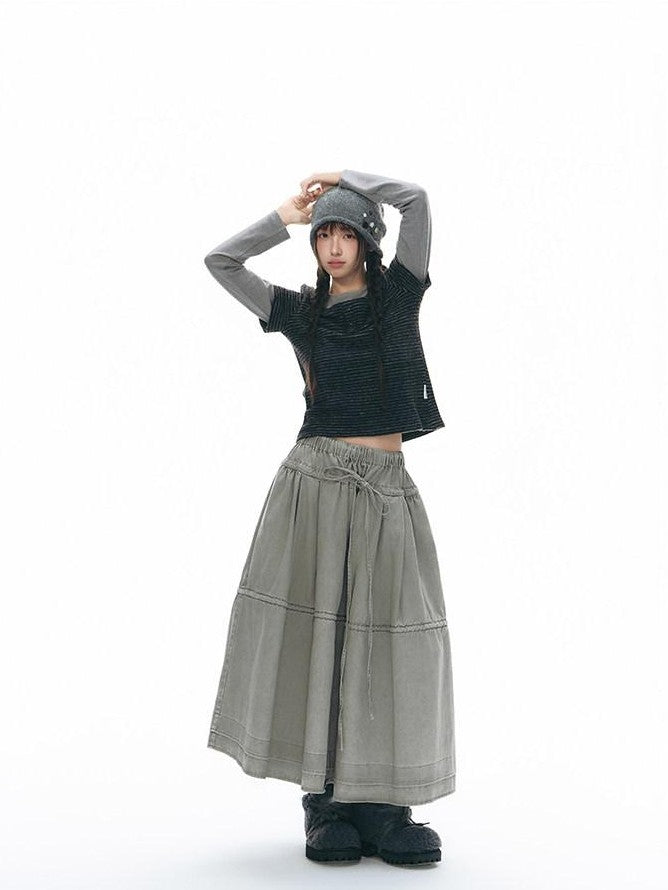 NAPSNAPS Washed Denim Tie Elastic Waist Flared Women&
