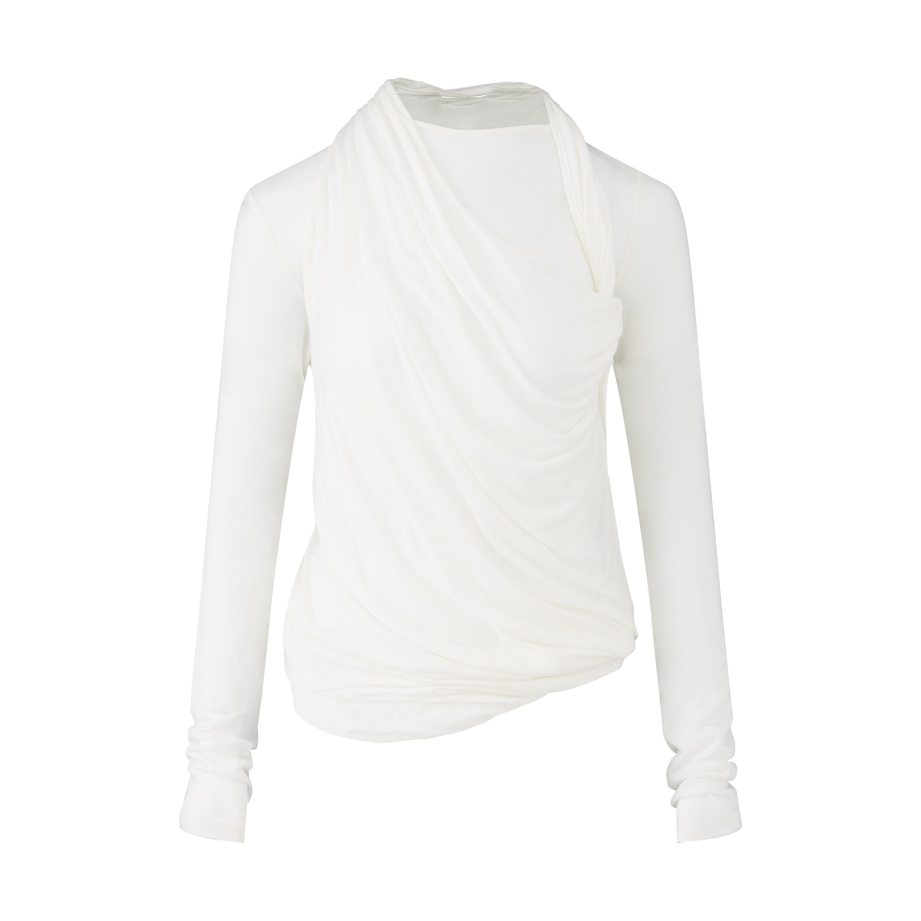 RUN TO THE FUTURE Tencel Wool Blend Pleated Commuter Slim Solid Milk White Long Sleeve T-Shirts