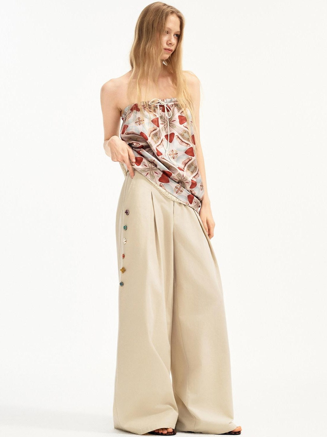 OuttheBlue Cotton Lyocell Minimal Natural Waist Zipper Light Grey Khaki Wide Leg Pants