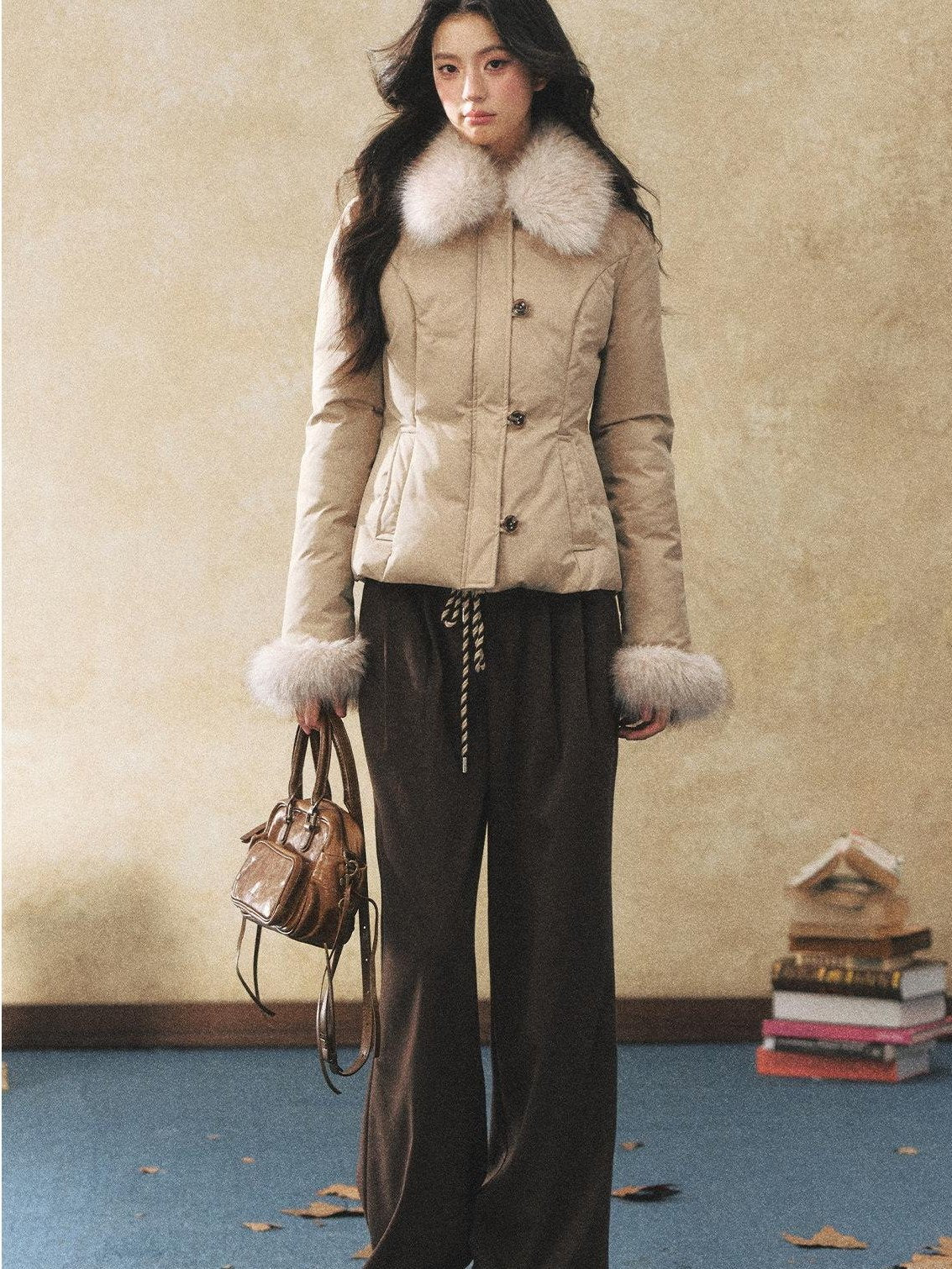 7Shiftin Warm Down Filled Plush Fur Collar Slim Fit Button Cropped Women Knit Sweaters