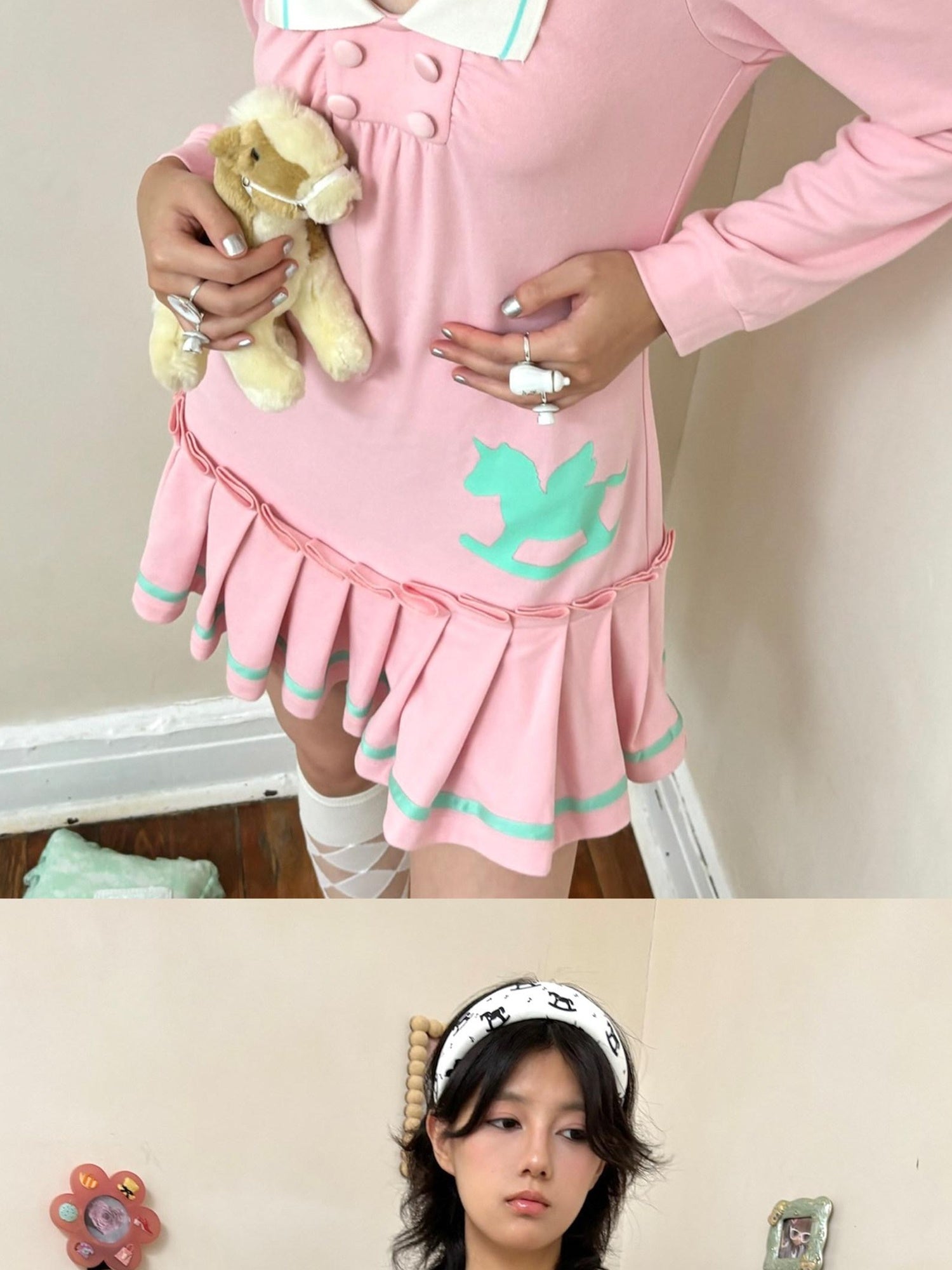 nit alcove Cute Bubble Sleeve Doll Collar Pleated Casual Striped Mint Pink Mini Dresses
