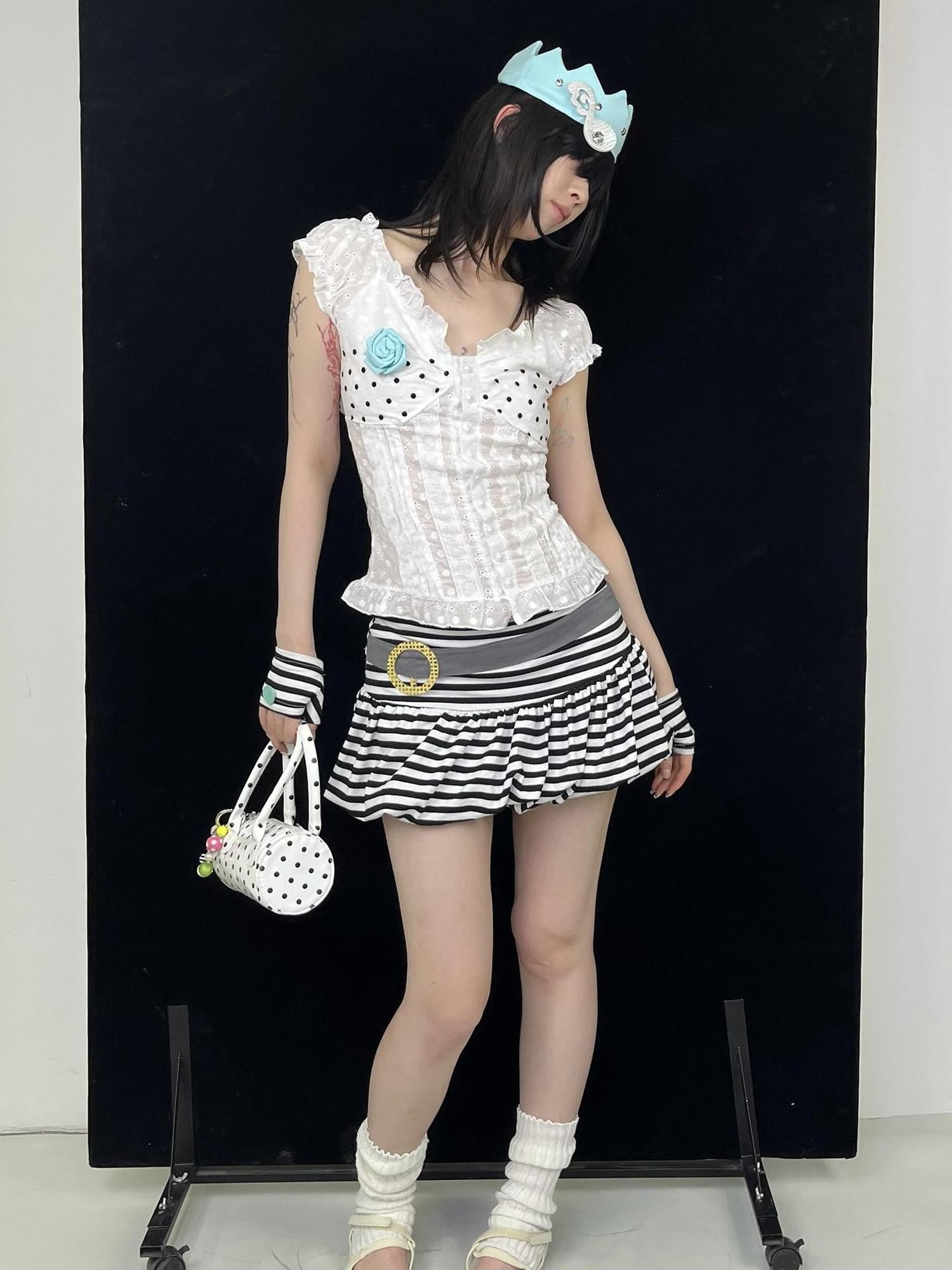 Ttsunami Black White Striped Pleated Ruched Low Waist Puff Women&