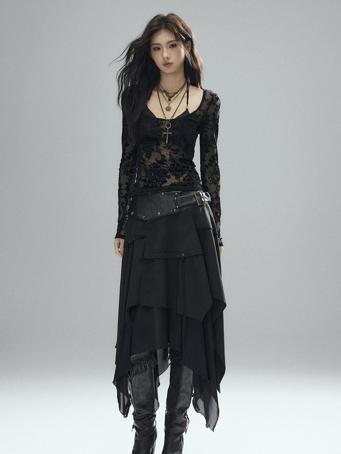 Low pixel Sexy Low Waist Asymmetrical A Line Zipper Black Woven Polyester Midi Skirts