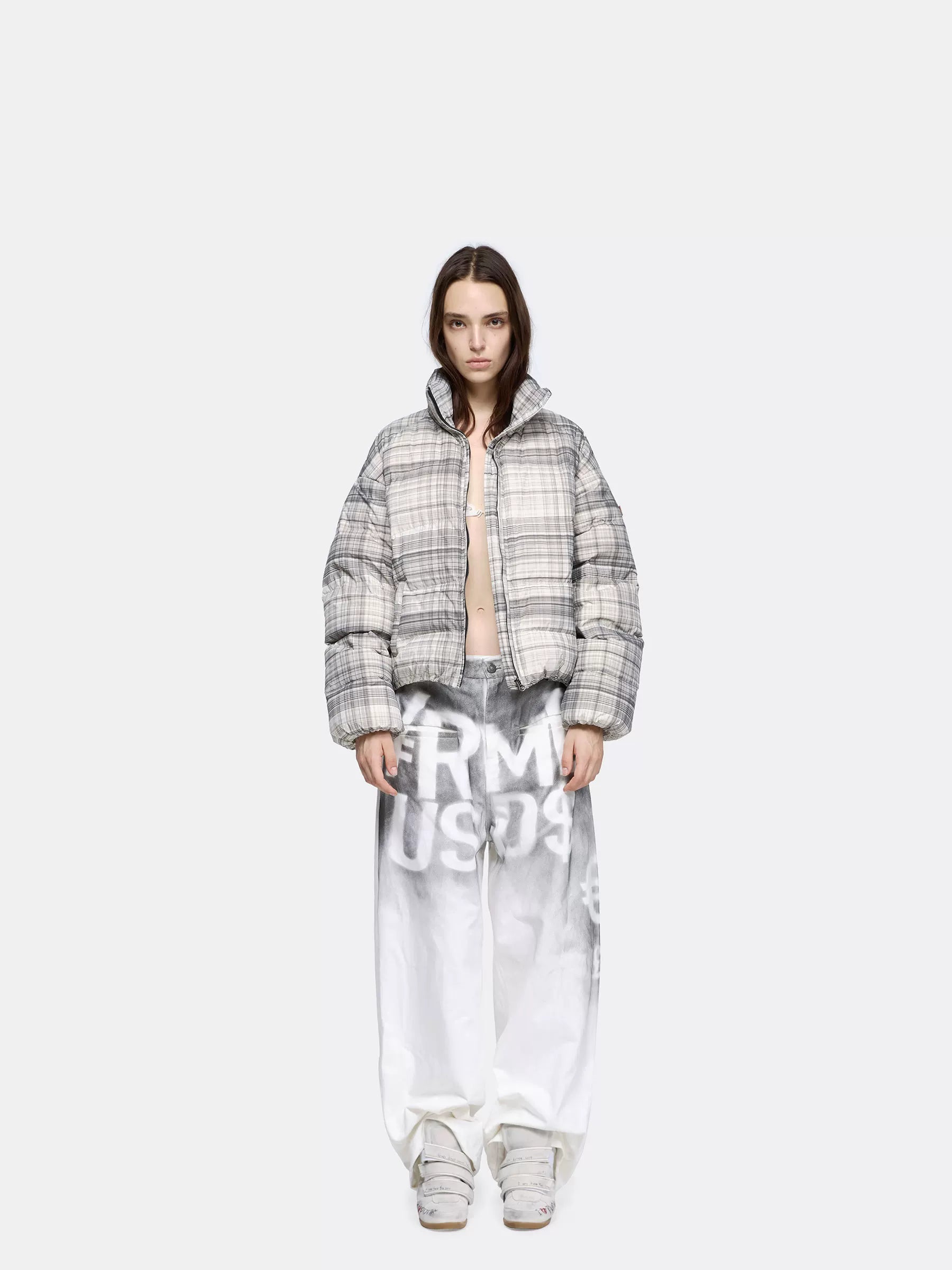 24ans 90 Percent Down High Fill Warm Punk Gray Plaid Stand Collar Zipper Down Jacket-1