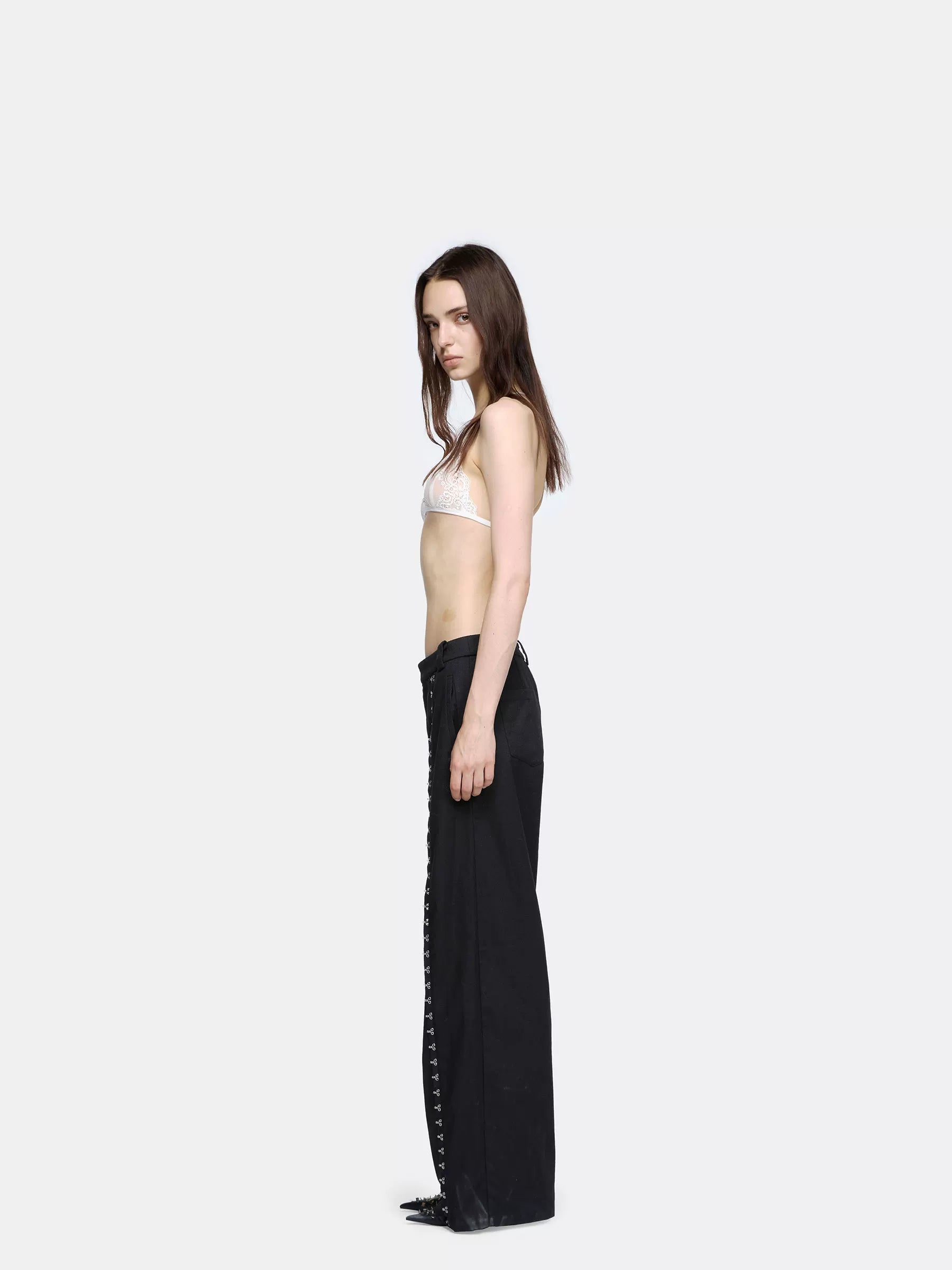 24ans Adjustable Button Fly Black Punk Natural Waist Womens Polyester Wool Blend Pants-2