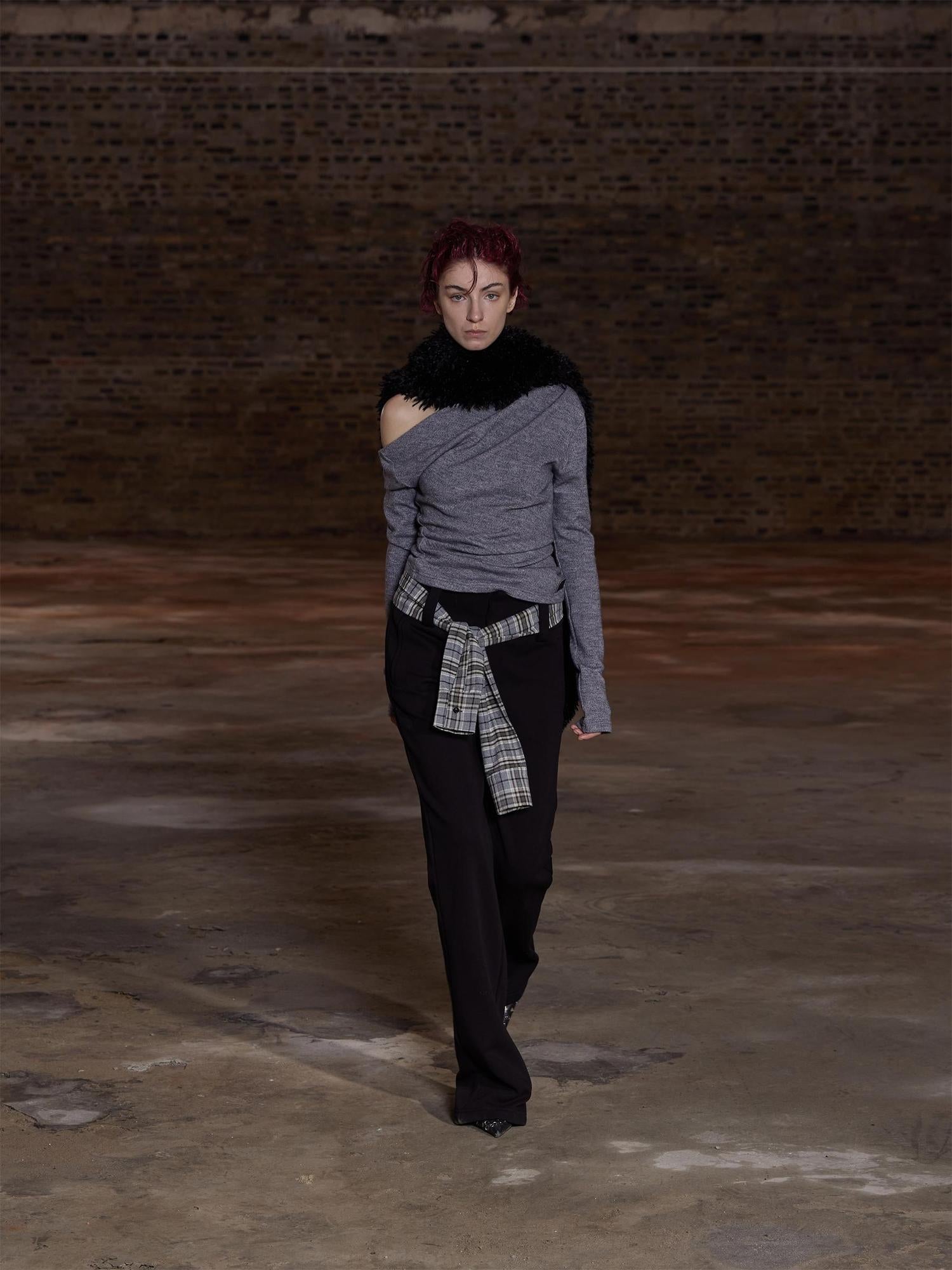 24ans Anti Pill Twist Asymmetrical Layering Top Black Grey